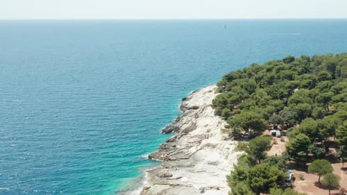 Empty Rocky Beach with Forest and Boundless Tranquil Sea