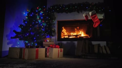 Christmas Tree and Fireplace Scene with Gifts