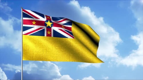 Niue Flag Waving Animation on Blue Sky