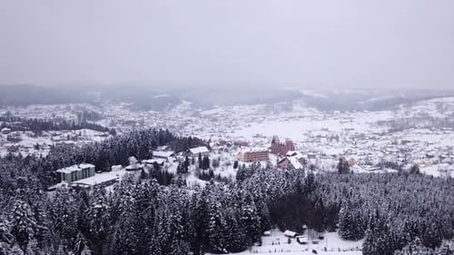 Village with Buildings All Covered with Snow . Aerial View