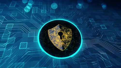 Futuristic Cyber Security Shield on Digital Circuit Board Background