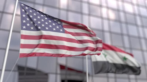 Waving Flags of the USA and Syria in Front of a Modern Skyscraper
