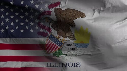 Waving American and Illinois State Flags with Fabric Texture