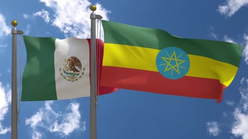 Mexican and Ethiopian Flags Waving in Wind