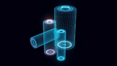 Holographic Wireframe Batteries Rotating for Digital Tech Concepts