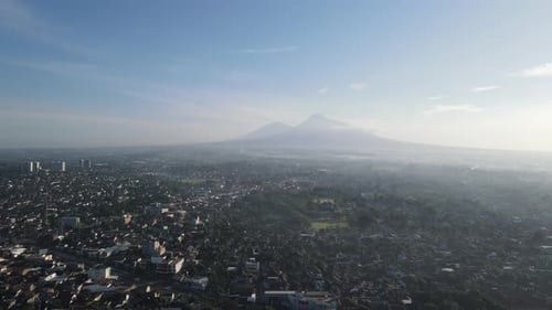 Aerial view of Mount Merapi Landscape with Yogyakarta view, Indonesia.