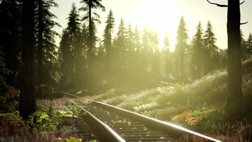 Scenic Train Tracks in a Sunny Forest Landscape