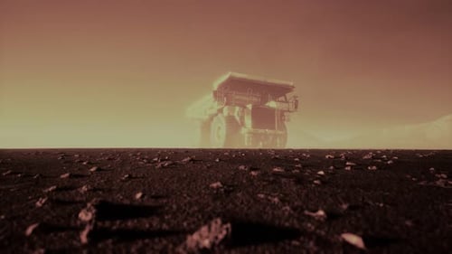 Heavy Duty Mining Dump Truck Driving on Dusty Road