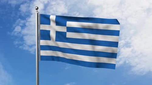Greece National Flag Waving Proudly on Pole Against Blue Sky