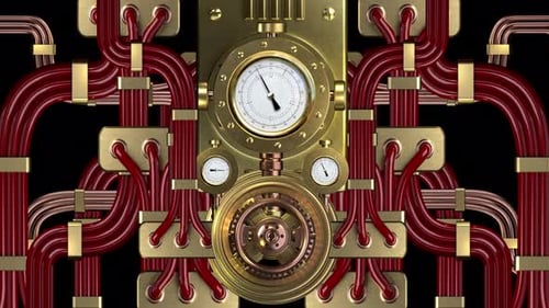 Animated Steampunk Industrial Machine with Gears, Pipes, and Gauges