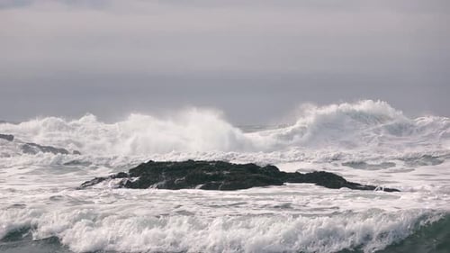 Crashing Ocean Waves on Rocky Coastline