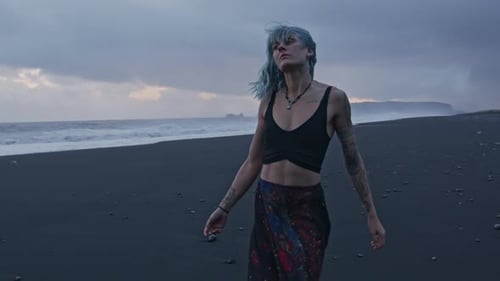 Beautiful Cool Girl Feeling Free On Black Beach