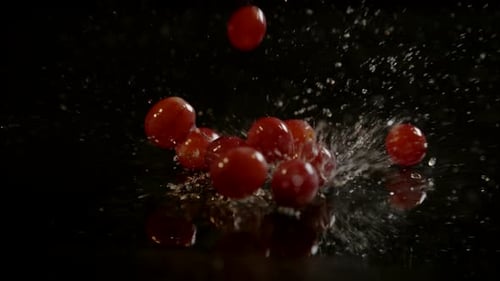 Traubenbeeren fallen auf nasse Oberfläche, Ultra Zeitlupe