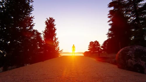 Glowing Figure on Path Towards Golden Sunset in Nature