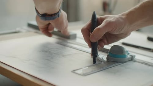 Ingeniero dibuja edificios sobre la mesa con un lápiz y una regla