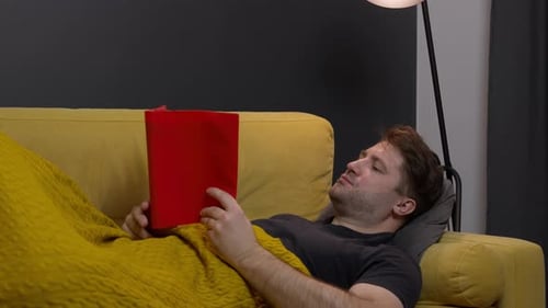 Man Lying on Couch Relaxing Reading Book