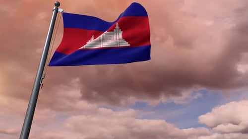 Cambodia Flag Waving Against Cloudy Sunset Sky