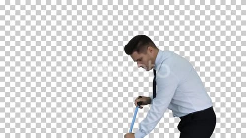 Man In Official Clother Sweeping The Floor, Alpha Channel