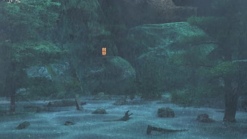 Heavy Rain in Dark Forest with Flowing Water and Glowing Window