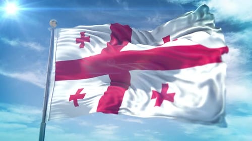 Realistic Waving Flag of Georgia in Sunny Blue Sky