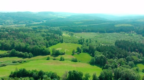 drone aerial flight over lush green summer forest and mountain landscape