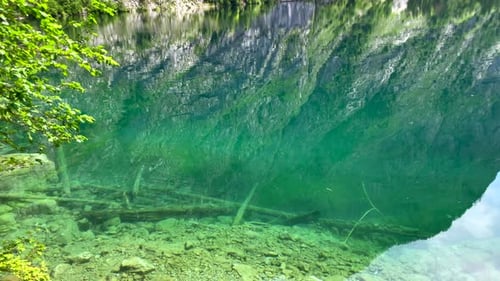 Tilt up shot of crystal clear Lake surrounded by Mountains in Paradise with transparent shore and wa