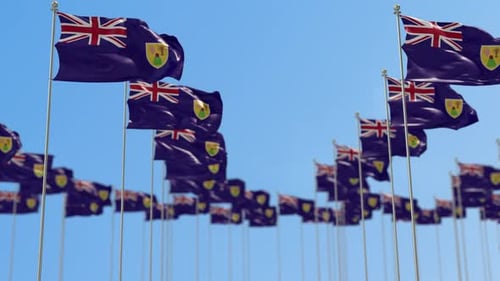 Many Turks and Caicos Islands Flags Waving in Blue Sky