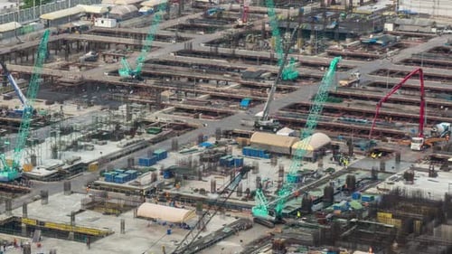 Time Lapse of Construction Site with Heavy Construction Machinery in Metropolis