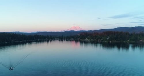 Mount Rainier Clear Lake View Flying By Boat Reflection Sunset Red Glow Drone Aerial