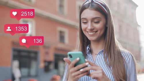 Cute Woman Wearing Using App on Smartphone Standing on the Old City Street. Animation with User