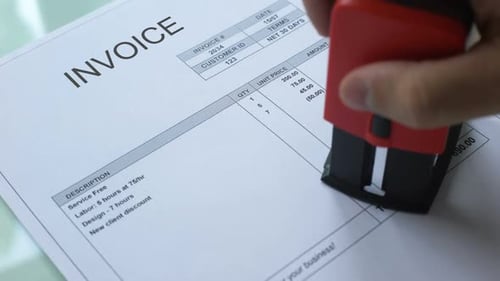 Invoice Debt, Hand Stamping Seal on Commercial Document, Business Payment