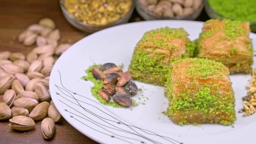 Delicious Baklava with Pistachios on Plate