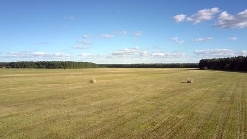 Aerial Motion Above Field with Hay Bales Against Forest