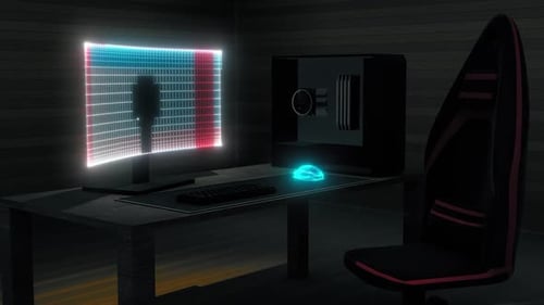 Futuristic Glowing Gaming Computer Desk Setup Animation