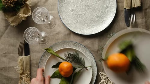 Festive Table Setting with Tangerines for Christmas
