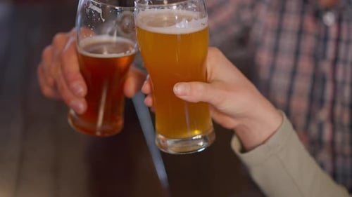 Male and Female Hands Clinking Beer Glasses in Slow Motion Indoors