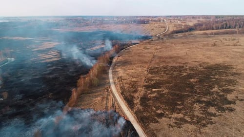 Forest and Field Fire. Dry Grass Burns, Natural Disaster. Aerial View.