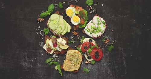 Variety of Open Faced Sandwiches Overhead Shot