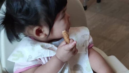 Adorable Child Eating Bread in High Chair