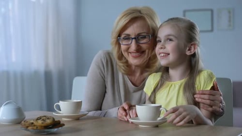 Woman and Girl Enjoying Tea and Cookies Indoors