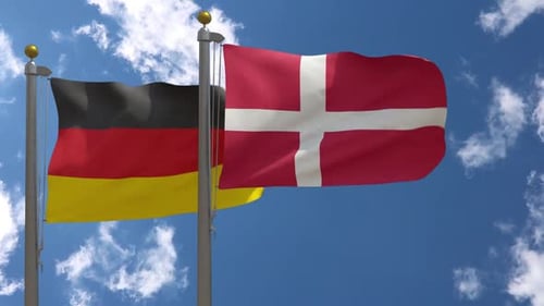 Realistic Flags of Germany and Denmark Waving Under Blue Sky
