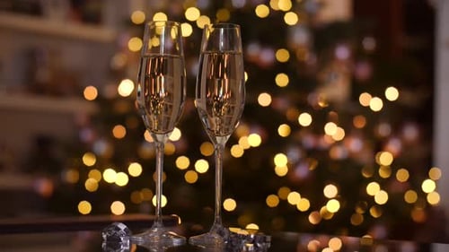 Champagne Glasses with Christmas Tree in the Background