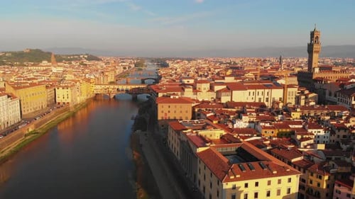 Aerial view to Arno river and the city in the morning, Florence, Italy
