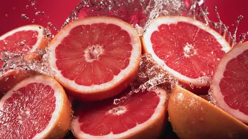 Grapefruit Halves Being Splashed with Water