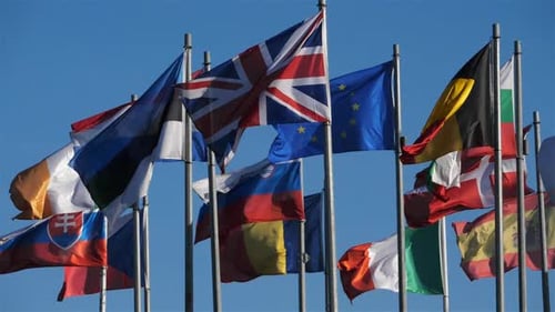 International Flags Waving Against Clear Blue Sky