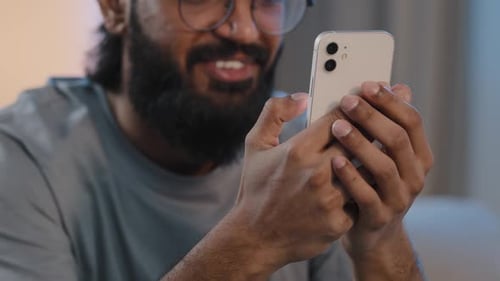 Cropped View Unrecognizable Smiling Bearded Man Holding Smartphone Laughing Toothy Smile Texting