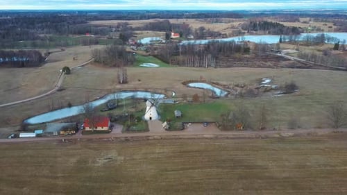 Old Araisi Windmill in Latvia Aerial Shot From Above. Winter Day at Sunrise. This Is the Only Windmi