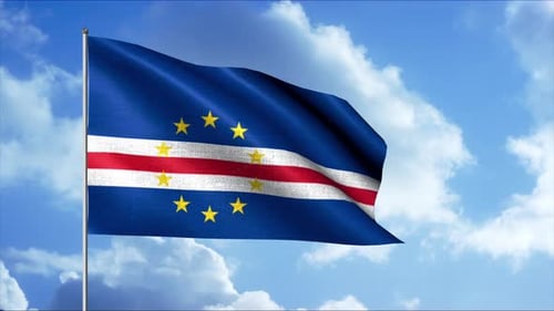 Realistic Waving Flag of Cabo Verde Against Blue Sky