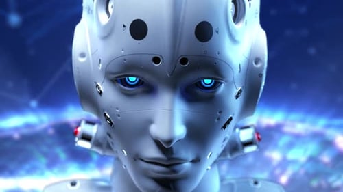 weiblicher Roboter böser Blick. auf digitalem Globus Hintergrund