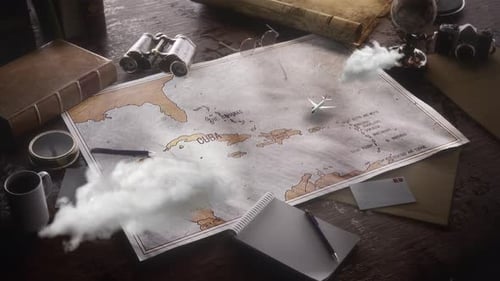 Animated Vintage World Map with Traveling Airplane and Destination Pin